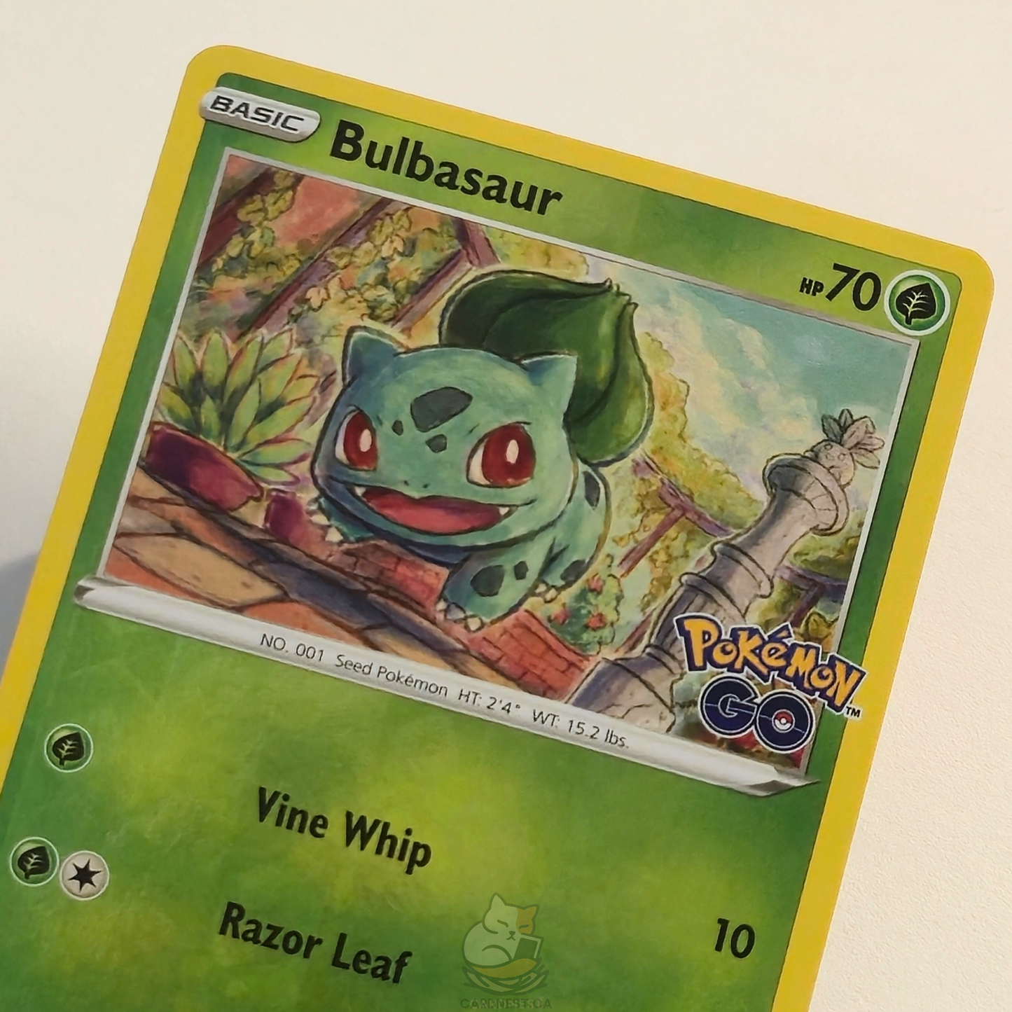 Bulbasaur 001/078 Reverse Holo Pokémon card from Pokémon Go – Near Mint condition – close-up detail