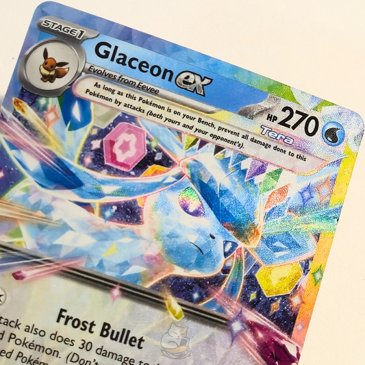 Glaceon 026/131 Ex Double Rare Pokémon card from Prismatic Evolutions – Near Mint condition – close-up detail
