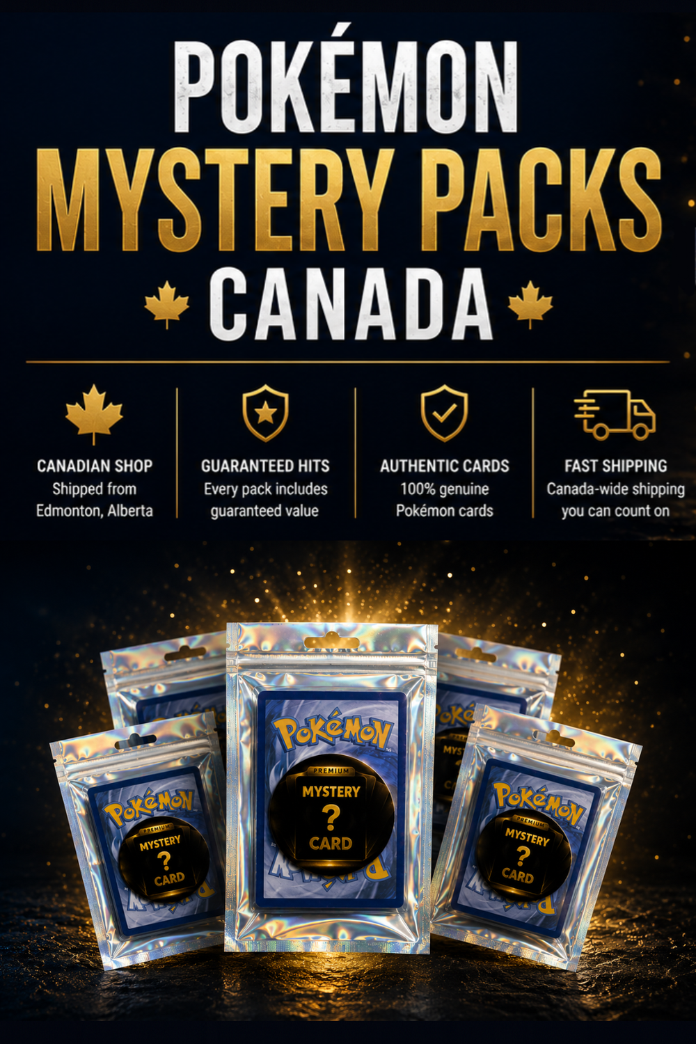 Pokémon mystery packs with promotional text on a dark background