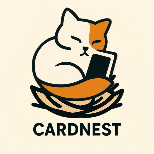 CardNest logo featuring a cute cat holding a Pokémon card, symbolizing a Canadian shop for Pokémon singles and mystery packs.