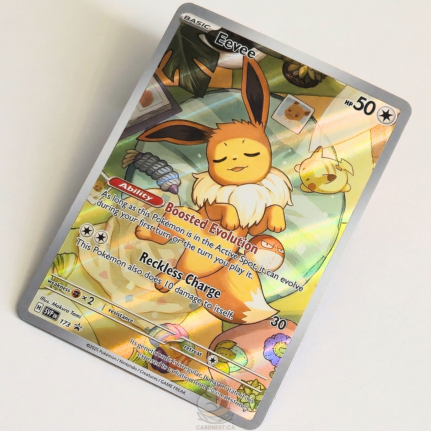 Eevee SVP173 Black Star Promo Full Art Pokémon card from Scarlet & Violet – Near Mint condition – angled view