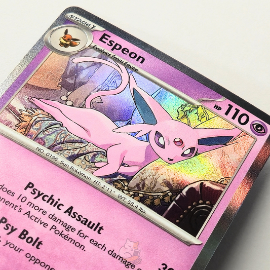 Espeon 033/131 Holo Rare Pokémon card from Prismatic Evolutions – Near Mint condition – close-up detail