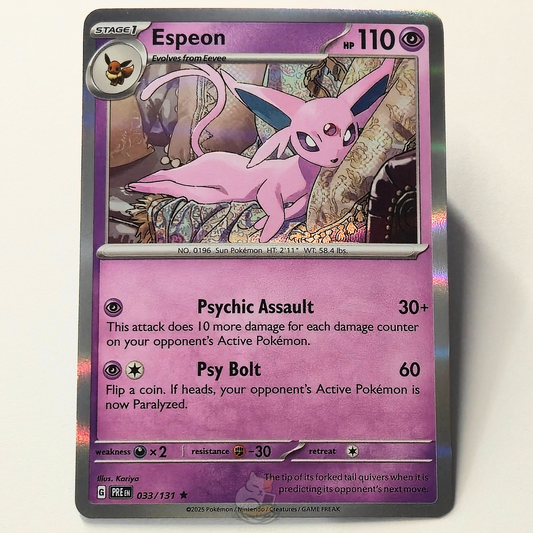 Espeon 033/131 Holo Rare Pokémon card from Prismatic Evolutions – Near Mint condition