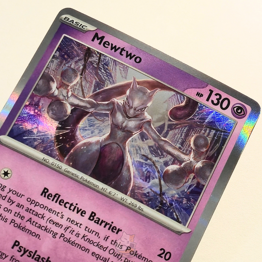 Mewtwo 150/165 Holo Rare Pokémon card from Scarlet & Violet 151 – Near Mint condition – close-up detail