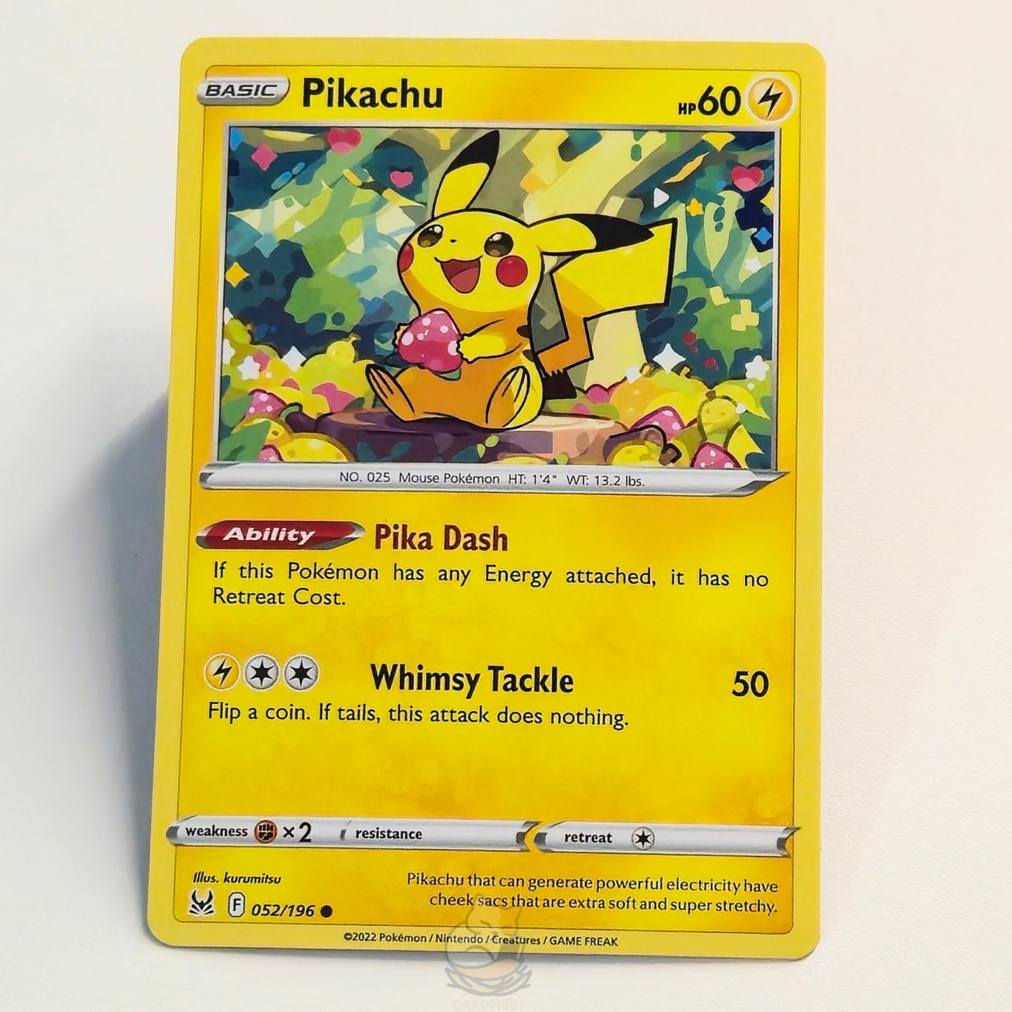 Pikachu 052/196 Common Pokémon card from Lost Origin – Near Mint condition