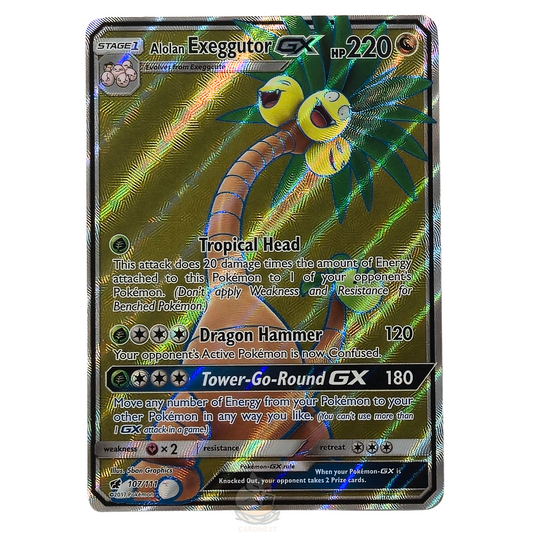 Alolan Exeggutor Full Art rare Gx Pokémon card – card #107/111. High-quality photo from CardNest.