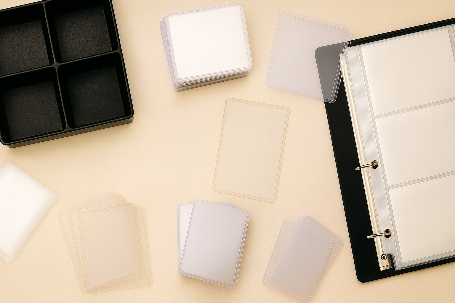 Pokémon card supplies including sleeves, top loaders, and a binder on a clean beige background - CardNest Canada offers affordable mystery packs and single cards.