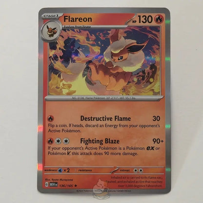 Flareon Holo Pokémon card – card #136/165. High-quality photo from CardNest.