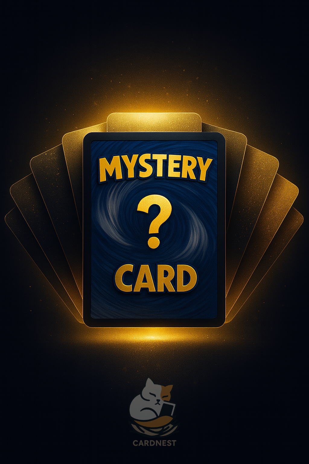 CardNest Premium Pokémon Mystery Pack image featuring an elite glowing mystery card with gold highlights and the CardNest logo watermark.