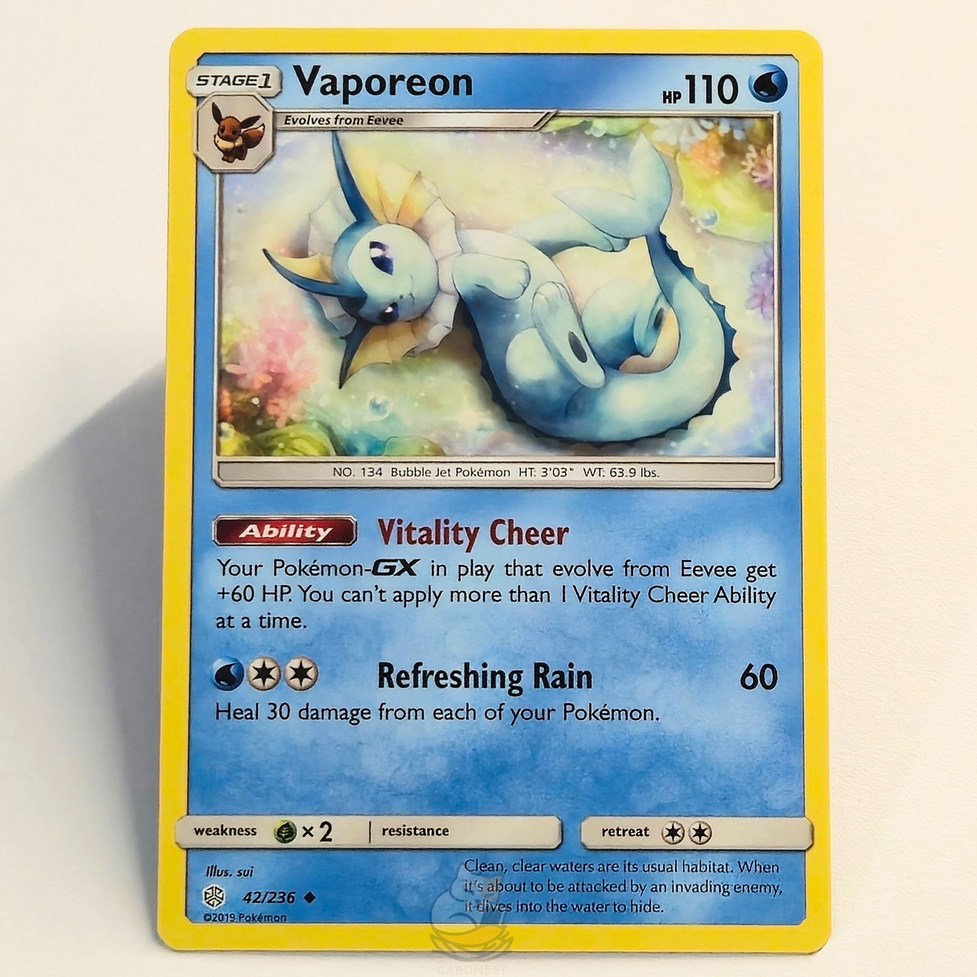 Vaporeon 42/236 Pokémon card from Cosmic Eclipse – Near Mint condition