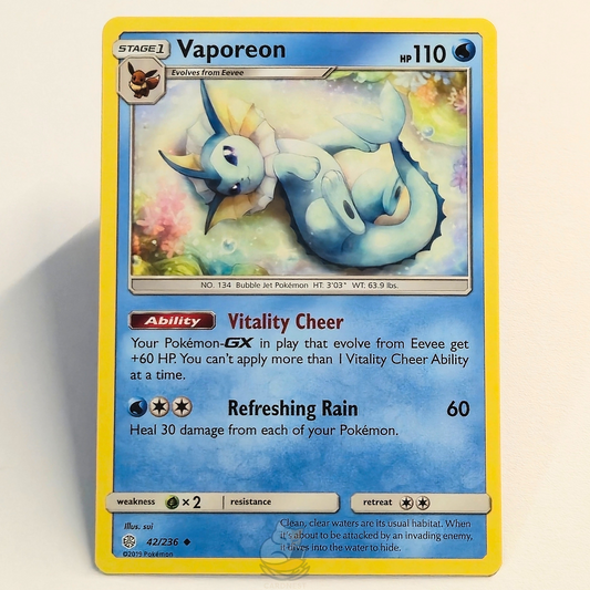 Vaporeon 42/236 Pokémon card from Cosmic Eclipse – Near Mint condition